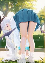 1girl absurdres adjusting_clothes adjusting_sock ahoge alternate_costume aqua_skirt bent_over blue_archive blurry blurry_background bush commentary_request demon_horns fanbox_username full_body highres hina_(blue_archive) horns jacket long_hair looking_at_viewer looking_back multiple_horns nekoya_(liu) paid_reward_available park parted_bangs purple_wings shoes signature skirt sneakers socks solo sunlight track_jacket twitter_username very_long_hair violet_eyes white_hair white_shoes white_socks wings 