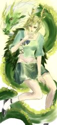  1girl absurdres antlers artist_request blonde_hair blue_shirt commentary_request dragon dragon_girl dragon_horns dragon_tail full_body green_scales green_tail groin hand_up highres horns kicchou_yachie oekaki scales shirt short_hair skirt socks solo square_neckline strappy_heels tail touhou turtle_shell white_background white_socks yellow_horns 