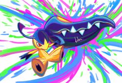  absurdres black_hair colored_skin commentary_request extra_mouth highres k_h_t222 mawile no_humans pokemon pokemon_(creature) pokemon_focus red_eyes sharp_teeth simple_background slam_(pokemon) teeth yellow_skin 