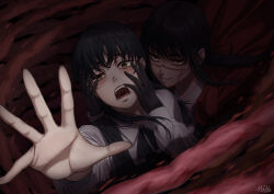  2girls absurdres blunt_bangs blush cape chainsaw_man commentary_request crying dark_background dress_shirt elbow_gloves eyelashes face_in_shadow gloves hand_up hands_on_another's_face hiding highres intestines long_sleeves looking_at_viewer matomo mitaka_asa multiple_girls neck_ribbon open_mouth red_cape red_eyes ribbon scar scar_on_cheek scar_on_face scar_on_nose screaming shade shirt smirk tears tongue war_devil_(chainsaw_man) white_shirt yoru_(chainsaw_man) 