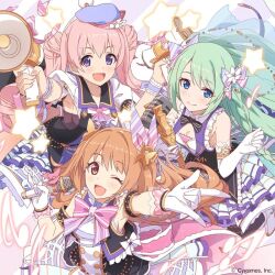  3girls album_cover armpits back_bow blue_eyes bow bracelet braid breasts brown_eyes brown_hair buttons carmina_(princess_connect!) chika_(princess_connect!) collarbone commentary_request company_name copyright_notice cover cygames dot_nose dress eighth_note elbow_gloves english_text floating_hair frilled_dress frills gloves green_hair hair_between_eyes hair_ornament hair_ribbon hat holding holding_megaphone holding_microphone idol idol_clothes jewelry long_hair looking_at_viewer megaphone microphone mini_hat multicolored_bow multiple_girls musical_note nozomi_(princess_connect!) official_alternate_costume official_art one_eye_closed open_mouth pink_hair princess_connect! ribbon second-party_source sleeveless star_(symbol) tsumugi_(princess_connect!) twintails violet_eyes white_gloves 