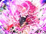  1girl aino_megumi angry arm_warmers clenched_hand cure_lovely earrings fingernails hair_ornament happinesscharge_precure! heart highres jewelry long_hair looking_at_viewer magical_girl outstretched_arm pink_eyes pink_hair pink_skirt ponytail precure punching ribbon rock skirt solo tears thigh-highs torn_clothes white_legwear wrist_cuffs zettai_ryouiki 