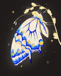  animal animal_focus black_background bug butterfly commentary english_commentary highres no_humans original plant rokktober simple_background sparkle white_butterfly 