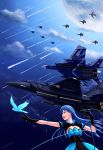  1girl absurdres ace_combat ace_combat_6 aim-7_sparrow aim-9_sidewinder airplane bird black_gloves blue_hair boeing_e-767 bomb brown_eyes clouds cloudy_sky dove dress elbow_gloves f-15 f/a-18e_super_hornet fighter_jet full_moon garuda_1 gloves highres idolmaster jet kisaragi_chihaya long_hair marcus_lampert microphone microphone_stand military military_vehicle mirage2000 missile moon open_mouth pilot shooting_star signature sky star_(sky) thompson vehicle 