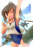  1girl ;d airplane armpits brown_eyes brown_hair highres i-401_(kantai_collection) kantai_collection looking_at_viewer one_eye_closed open_mouth ponytail school_swimsuit school_uniform serafuku smile solo swimsuit swimsuit_under_clothes yuuhi_alpha 
