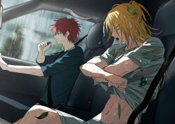 2boys absurdres alternate_costume alternate_hairstyle angry asymmetrical_bangs blonde_hair blue_shirt blush brown_eyes car deidara_(naruto) driving electronic_cigarette hair_half_undone high_ponytail highres holding_electronic_cigarette leaf long_hair male_focus messy_hair motor_vehicle multiple_boys naruto_(series) naruto_shippuuden navel ponytail rain red_hair sasori_(naruto) seatbelt shirt short_hair short_sleeves shorts shouting urara0408 wet wet_clothes wet_shirt 