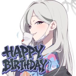  1girl backscratcher777 blue_archive blue_shirt commentary cup disposable_cup english_text floral_print floral_print_shirt from_side grey_eyes grey_hair grey_halo halo happy_birthday hawaiian_shirt highres konoka_(blue_archive) long_hair looking_at_viewer looking_to_the_side mask mask_pull mouth_hold mouth_mask portrait print_shirt shirt sideways_glance simple_background solo surgical_mask white_background white_mask 