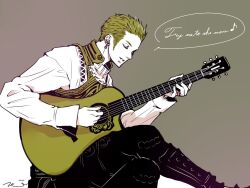  1boy acoustic_guitar arms_up balthier black_boots black_pants boots brown_background brown_hair closed_eyes collared_vest commentary crossed_legs earrings english_commentary english_text final_fantasy final_fantasy_xii from_side guitar holding holding_guitar holding_instrument instrument jewelry long_sleeves male_focus mochi_(hanamaruudondesu) musical_note pants parted_lips piercing playing_guitar playing_instrument shirt short_hair sideburns sitting sleeve_cuffs smile solo speech_bubble very_short_hair vest white_shirt 