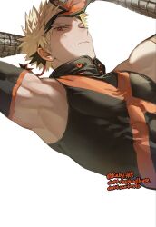  1boy arm_behind_head arms_up bakugou_katsuki bare_shoulders black_mask black_shirt blonde_hair boku_no_hero_academia bracer closed_mouth commentary_request covered_abs covered_pectorals detached_sleeves dutch_angle eye_mask frown gloves green_gloves highres korean_commentary kuby_hq looking_at_viewer male_focus mask mask_lift muscular muscular_male orange_eyes orange_gloves orange_shirt patterned_clothing pectorals scar scar_on_cheek scar_on_face shirt short_hair simple_background solo superhero_costume twitter_username two-sided_gloves upper_body very_short_hair watermark white_background 