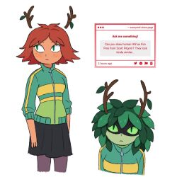  1girl adventure_time alternate_costume black_pantyhose breasts closed_mouth colored_sclera colored_skin commentary cosplay english_commentary eye_mask frown green_eyes green_hair green_skin highres huntress_(adventure_time) huntress_wizard kim_pine kim_pine_(cosplay) leaf looking_at_viewer looking_to_the_side mask pantyhose red_hair scott_pilgrim_(series) simple_background skirt slit_pupils strawpage_(medium) sunny_meel sweater 