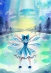  1girl artist_name aurora blue_hair bow cirno colorful dated dress from_behind hair_bow ice ice_wings lake moon mosho mountain outstretched_arms reflection short_hair signature sky snowflakes solo star_(sky) touhou tree wings 