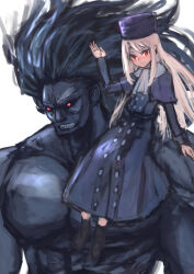  1boy 1girl absurdres ankle_boots black_boots black_capelet black_coat black_hair black_sclera black_skin blonde_hair boots buttons capelet clenched_teeth closed_mouth coat colored_sclera colored_skin commentary_request double-breasted fate/stay_night fate_(series) hand_up hat heracles_(fate) highres illyasviel_von_einzbern long_hair looking_at_viewer nose pectorals purple_hat red_eyes sabamiso_taro scarf sitting_on_shoulder smile teeth white_scarf 