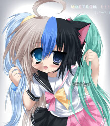  1girl 2000s_(style) artist_name asymmetrical_eyes bow bowtie cat_girl character_request chimerism feliaya11 fusion futaba_channel heterochromia highres moetron multicolored_bow multicolored_bowtie pink_bow pink_bowtie single_animal_ear solo split-color_clothes two-tone_bow two-tone_bowtie two-tone_sailor_collar ultimate_moe yellow_bow yellow_bowtie 