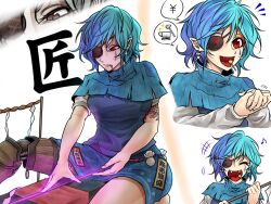  1girl alternate_costume amputee anvil arm_tattoo blacksmith blue_capelet blue_hair blue_skirt blue_vest candy capelet closed_eyes commentary_request earrings eyepatch facial_tattoo fangs flower_tattoo food food_in_mouth gohei hammer happy holding holding_gohei jewelry lollipop lollipop_in_mouth long_sleeves looking_down multiple_views musical_note open_mouth own_hands_clasped own_hands_together pointy_ears prosthesis prosthetic_leg red_eyes ryuuichi_(f_dragon) serious shirt short_hair short_sleeves sitting skirt spoken_money spoken_object tatara_kogasa tattoo thighs touhou vest white_shirt yen_sign 