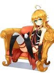  1girl ahoge azure_luna blonde_hair boots cape chair doronjo elbow_gloves gloves leopard_(yatterman) leotard long_hair no_mask simple_background sitting smile solo thighhighs time_bokan_(series) very_long_hair white_background yatterman yoru_no_yatterman 