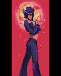  1girl black_hair cropped_jacket extra_arms hat highres jacket looking_at_viewer medium_hair nico_robin one_piece pants pillarboxed procreate_(medium) purple_hat purple_jacket purple_pants sabrina_fasanella smile solo 