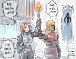  2girls artist_name banner battle_standard bo-katan_kryze brown_hair cape fake_horns forge fur_cape gun headband helmet holding holding_torch horned_helmet horns kaylemiscus mandalorian mandalorian_armor mandalorian_helmet multiple_girls short_hair spoken_blush star_wars teeth the_armorer_(star_wars) the_mandalorian torch upper_teeth_only war_banner weapon wedding yuri 