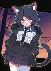  1girl :o animal_ear_fluff animal_ears belt black_background black_hair blue_eyes blush breast_pocket bright_pupils cat_ears cat_girl cat_tail clouds collared_shirt commentary commission dusk english_commentary eshinvale fur-trimmed_jacket fur_trim hands_in_pockets highres inverted_pentagram jacket layered_skirt medium_hair necktie original parted_bangs pentagram pocket power_lines shirt sidelocks skirt sky solo star_(sky) tail thigh-highs vgen_commission white_pupils zipper_skirt 