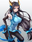  1girl :d black_hair blue_eyes breasts chinese_clothes covered_navel dragon_tail elbow_gloves gloves hajime_(azutantakatan) head_fins horns karin_(p&amp;d) large_breasts long_hair open_mouth pantyhose puzzle_&amp;_dragons smile solo tail 