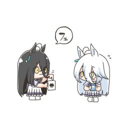  2girls ahoge animal_ears black_hair blush bow bowtie chibi chibi_only coffee coffee_mug commentary cup drink_carton dual_persona ear_tag flying_sweatdrops highres holding holding_drink_carton holding_milk_carton horse_ears horse_girl long_hair looking_at_another manhattan_cafe_(umamusume) milk milk_carton motion_lines mug multiple_girls otomodachi_(kuriuni0) pointing purple_bow purple_bowtie purple_shirt purple_skirt school_uniform shirt simple_background skirt speech_bubble tracen_school_uniform umamusume white_background white_hair yellow_eyes 