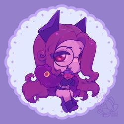  1boy 1girl azulotus black_dress black_horns black_shoes chibi colored_sclera colored_skin colored_tongue commentary dress english_commentary extra_mouth extra_tongue giwi_(vtuber) glasses highres horns indie_virtual_youtuber long_hair monster_girl open_mouth purple_hair purple_tongue red_eyes red_skin round_eyewear rubberross_(demon) shoes stomach_mouth virtual_youtuber worm worm_girl yellow_sclera 