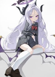  1girl absurdres ahoge alternate_costume black_halo black_horns black_sailor_collar black_serafuku black_skirt blue_archive bow bowtie commentary dakkgae_01 demon_horns demon_wings forehead halo hand_on_floor hand_on_own_hip highres hina_(blue_archive) horns kneehighs light_blush long_hair looking_at_viewer low_wings mary_janes multiple_horns neckerchief parted_bangs parted_lips pleated_skirt purple_halo purple_wings red_bow red_bowtie red_neckerchief sailor_collar school_uniform serafuku shoes sitting skirt smile socks solo untranslatable_commentary very_long_hair violet_eyes white_background white_hair white_socks wings 