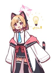  1girl :3 :d animal_ear_headphones animal_ears black_skirt black_thighhighs blonde_hair blue_archive blue_necktie bow cat_ear_headphones cat_ears commentary_request fake_animal_ears feet_out_of_frame frilled_skirt frills hair_bow halo headphones jacket light_bulb light_bulb_above_head miniskirt momoi_(blue_archive) necktie open_clothes open_jacket pink_eyes pink_halo red_bow shirt short_hair sidelocks simple_background skirt smile solo thigh-highs white_background white_jacket white_shirt yoru_nai 