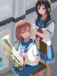  2girls black_hair blue_eyes blue_sailor_collar blue_skirt bottle brown_hair chair classroom closed_mouth commentary_request hibike!_euphonium highres holding holding_bottle holding_instrument indoors instrument kousaka_reina light_smile long_hair looking_at_another looking_to_the_side medium_hair multiple_girls neckerchief on_chair open_mouth oumae_kumiko pleated_skirt purple_neckerchief sailor_collar school_chair school_uniform serafuku shirt short_sleeves sitting skirt standing straight_hair takaemon0330 trumpet turning_head water_bottle white_shirt yellow_eyes 