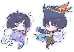  2boys alternate_costume alternate_species black_coat black_hair black_hat blue_outline blunt_ends blush boots brown_boots brown_pants brown_shoes brown_sleeves chibi chibi_only choppy_bangs closed_mouth coat coat_on_shoulders collared_shirt commentary_request dual_persona eyeliner feathers flying_sweatdrops gem genshin_impact glint gold_trim hat holding_pearl jellyfish korean_commentary long_sleeves looking_at_viewer makeup merfolk merman monster_boy multiple_boys navel notice_lines open_mouth outline pants pearl pirate_costume pirate_hat pom_pom_(clothes) purple_outline purple_sleeves red_eyeliner scaramouche_(genshin_impact) scaramouche_(kabukimono)_(genshin_impact) shirt shoes sleeves_past_fingers sleeves_past_wrists string tearing_up tears undershirt violet_eyes wide_sleeves wolf_cut x_makila yellow_feathers 