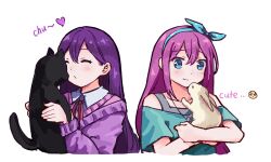  2girls alternate_costume alternate_hair_color animal aubrey_(faraway)_(omori) aubrey_(omori) blue_eyes blue_hairband blue_shirt blush cat closed_eyes closed_mouth collarbone collared_shirt commentary double-parted_bangs hair_behind_ear hair_between_eyes hairband highres holding holding_animal holding_cat holding_rabbit long_sleeves mari_(faraway)_(omori) mari_(omori) multiple_girls off-shoulder_shirt off_shoulder omori pink_hair pink_sweater_vest purple_hair purple_sweater rabbit shirt sidelocks simple_background smile sweater sweater_vest t-shirt untranslatable_commentary white_background white_shirt zhentan10806 