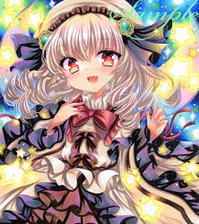  1girl :d blonde_hair blush bow bowtie brown_bow commentary_request dress dress_bow drill_hair fairy fairy_wings frilled_sleeves frills hat long_sleeves looking_at_viewer luna_child marker_(medium) open_mouth red_bow red_bowtie red_eyes rui_(sugar3) sample_watermark smile solo star_(symbol) touhou traditional_media watermark wide_sleeves wings yellow_dress yellow_hat 