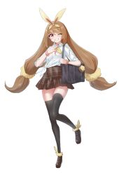  1girl absurdres bag black_thighhighs breast_pocket breasts brown_hair brown_shoes brown_skirt collared_shirt commentary_request earrings full_body fur-trimmed_shoes grin gyaru hairband hands_up happy highres humanization jewelry knees_together_feet_apart leg_up long_hair looking_at_viewer lopunny low-tied_long_hair mega_lopunny mega_pokemon miniskirt mogurii neckerchief partial_commentary pink_scrunchie plaid_clothes plaid_skirt pleated_skirt pocket pokemon red_eyes school_bag school_uniform scrunchie shirt shirt_tucked_in shoes shoulder_bag sidelocks simple_background skirt sleeves_rolled_up small_breasts smile solo standing standing_on_one_leg stud_earrings swept_bangs teeth thigh-highs tied_shirt twintails very_long_hair white_background white_shirt wrist_scrunchie yellow_hairband yellow_neckerchief zettai_ryouiki 