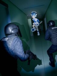  1boy 2others absurdres black_coat black_pants blue_bow blue_eyes blue_hair blue_halo blue_shorts blue_skirt blue_socks body_armor bow camera_flash coat commentary_request dark door expressionless face_shield fluorescent_lamp gun hallway halo head_wings helmet highres holding holding_gun holding_staff holding_weapon indoors ishida_(segu_ishida) looking_at_another mage_staff magical_boy multiple_others night original pants shoes short_hair shorts shorts_under_skirt skirt socks staff submachine_gun tactical_clothes variant_set weapon white_shoes wings 