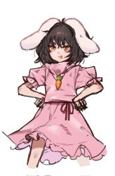  1girl :3 animal_ears black_hair carrot_necklace commentary cowboy_shot cropped_legs dress floppy_ears frilled_sleeves frills hands_on_own_hips highres inaba_tewi jewelry looking_at_viewer necklace nio_(meple_nio) open_mouth orange_eyes pink_dress puffy_short_sleeves puffy_sleeves rabbit_ears rabbit_girl short_hair short_sleeves simple_background smile solo touhou white_background 