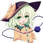  1girl eyeball green_eyes green_hair hat heart heart-shaped_pupils isa komeiji_koishi open_mouth short_hair simple_background smile solo symbol-shaped_pupils third_eye touhou white_background 