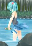  1girl absurdres bare_shoulders blue_eyes blue_hair bush carrying clothes_around_waist cucumber food forest hair_bobbles hair_ornament highres holding kawashiro_nitori nature no_hat no_headwear partially_submerged plate rock shirt shirt_around_waist short_hair shorts solo tank_top touhou tree twintails water 