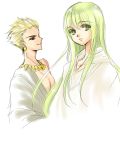  2boys blonde_hair earrings easty enkidu_(fate/strange_fake) fate/strange_fake fate_(series) gilgamesh green_eyes green_hair jewelry long_hair multiple_boys necklace 