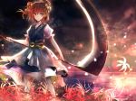  1girl boat clouds cloudy_sky coin dress flower hair_bobbles hair_ornament kazu_(muchuukai) looking_at_viewer obi onozuka_komachi puffy_short_sleeves puffy_sleeves red_dress sanzu_river sash scythe shirt short_sleeves skirt sky solo spider_lily touhou two_side_up yellow_eyes 