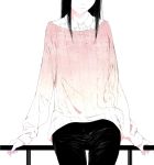  1girl arm_support black_hair head_out_of_frame highres long_hair long_sleeves original pants railing sawasawa simple_background sitting solo white_background 