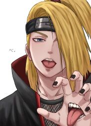  1boy akatsuki_uniform black_nails blonde_hair blue_eyes cocorozashiii commentary deidara_(naruto) extra_mouth hand_mouth highres long_hair male_focus naruto_(series) naruto_shippuuden simple_background solo straight-on teeth tongue tongue_out untranslatable_commentary white_background 