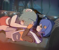  2girls absurdres belle_(zenless_zone_zero) black_shirt black_vest blue_eyes blue_hair blush caesar_king_(zenless_zone_zero) closed_eyes closed_mouth commentary commission couch english_commentary fingerless_gloves gloves grey_hair grey_skirt hair_ornament hand_on_another's_head highres horns indoors letter_hair_ornament lying_on_person multiple_girls on_couch orange_gloves shirt short_hair single_glove skirt smile vest ynctoo yuri zenless_zone_zero 