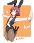  1girl akai_akasaki animal_ears bowtie brown_hair bunnysuit foreshortening kantai_collection mutsuki_(kantai_collection) outstretched_arms pantyhose perspective rabbit_ears red_eyes short_hair spread_arms tail_coat vest wrist_cuffs 