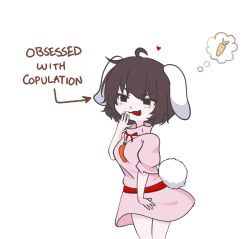  1girl ahoge animal_ears black_eyes blush breasts brown_hair carrot carrot_necklace commentary cowboy_shot cuteslime dress english_commentary english_text floppy_ears heart inaba_tewi jewelry medium_breasts necklace open_mouth pink_dress rabbit_ears rabbit_girl rabbit_tail red_sash sash short_hair short_sleeves simple_background smile smug solo tail touhou white_background 
