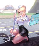  1girl artist_name blonde_hair blue_eyes breasts cecilia_(pangya) cleavage garrison_cap glasses golf_club hat high_heels holographic_interface kamdia kneeling large_breasts long_sleeves medal one_knee pangya parted_lips pencil_skirt semi-rimless_glasses shirt shoes silhouette skirt solo under-rim_glasses 