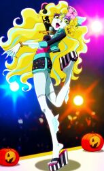 anime_screenshot arm_behind_head arm_out arm_up beanie black_shorts blonde_hair blue_skin blue_streaks bracelet curly_hair dynamic_pose fins fishnets full_body gills green_eyes jack-o'-lantern jewlery lagoona_blue leg_up lights lipstick monster_girl monster_high monster_high_(g1) non-web_source painted_nails pearl_necklace pearls pink_nails pink_shirt platform_sandals screencap short_jacket short_shots shorts stage strapless_shirt striped_shoes tuque vest webbed_hands