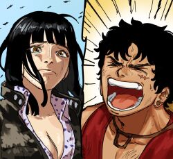  1boy 1girl black_hair blunt_bangs brown_eyes closed_eyes colereeyn commentary crying highres medium_hair monkey_d._luffy nico_robin one_piece one_piece_(live_action) open_mouth red_shirt scar scar_on_face shirt short_hair shouting tears 