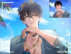  1boy ahoge aventurine_(honkai:_star_rail) aventurine_(honkai:_star_rail)_(cosplay) aventurine_(waveflair)_(honkai:_star_rail) black_hair blue-tinted_eyewear blue_eyes blue_shirt blue_sky clouds cloudy_sky collarbone collared_shirt cosplay dan_heng_(honkai:_star_rail) day derivative_work earrings english_commentary eyeliner eyewear_on_head fingernails gold_earrings gold_necklace hair_between_eyes hand_on_own_chin hawaiian_shirt highres honkai:_star_rail honkai_(series) jewelry long_sleeves looking_at_viewer makeup male_focus mountain necklace open_clothes open_shirt outdoors palm_leaf palm_tree pectorals red_eyeliner screenshot_redraw shirt shivaille short_hair single_earring sky solo sparkle summer sunglasses sunlight teeth tinted_eyewear tree upper_body viewfinder water_drop yellow-framed_eyewear 