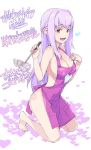 1girl :d apron bare_legs barefoot breasts brown_eyes cleavage fang half_updo hand_on_own_chest heart kneeling ladle large_breasts looking_at_viewer musashimaru naked_apron open_mouth payot pointy_ears purple_hair smile solo 