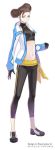  1girl artist_name black_gloves black_pants black_shoes brown_eyes brown_hair chinese_clothes cloth_around_waist crop_top digimon digimon_story:_cyber_sleuth double_bun fei_(digimon_story:_cyber_sleuth) gloves hair_ornament hairclip jacket jpeg_artifacts media_vision_artwork_team midriff navel official_art pants print_gloves print_jacket simple_background smile solo white_jacket yellow_cloth 