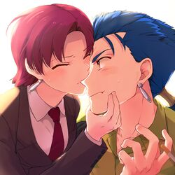  1boy 1girl bazett_fraga_mcremitz blue_hair blush earrings fate/hollow_ataraxia fate_(series) formal hetero jewelry kiss lancer misoiri_(gokutsubushi) mole nose_kiss pant_suit purple_hair red_eyes short_hair suit violet_eyes 